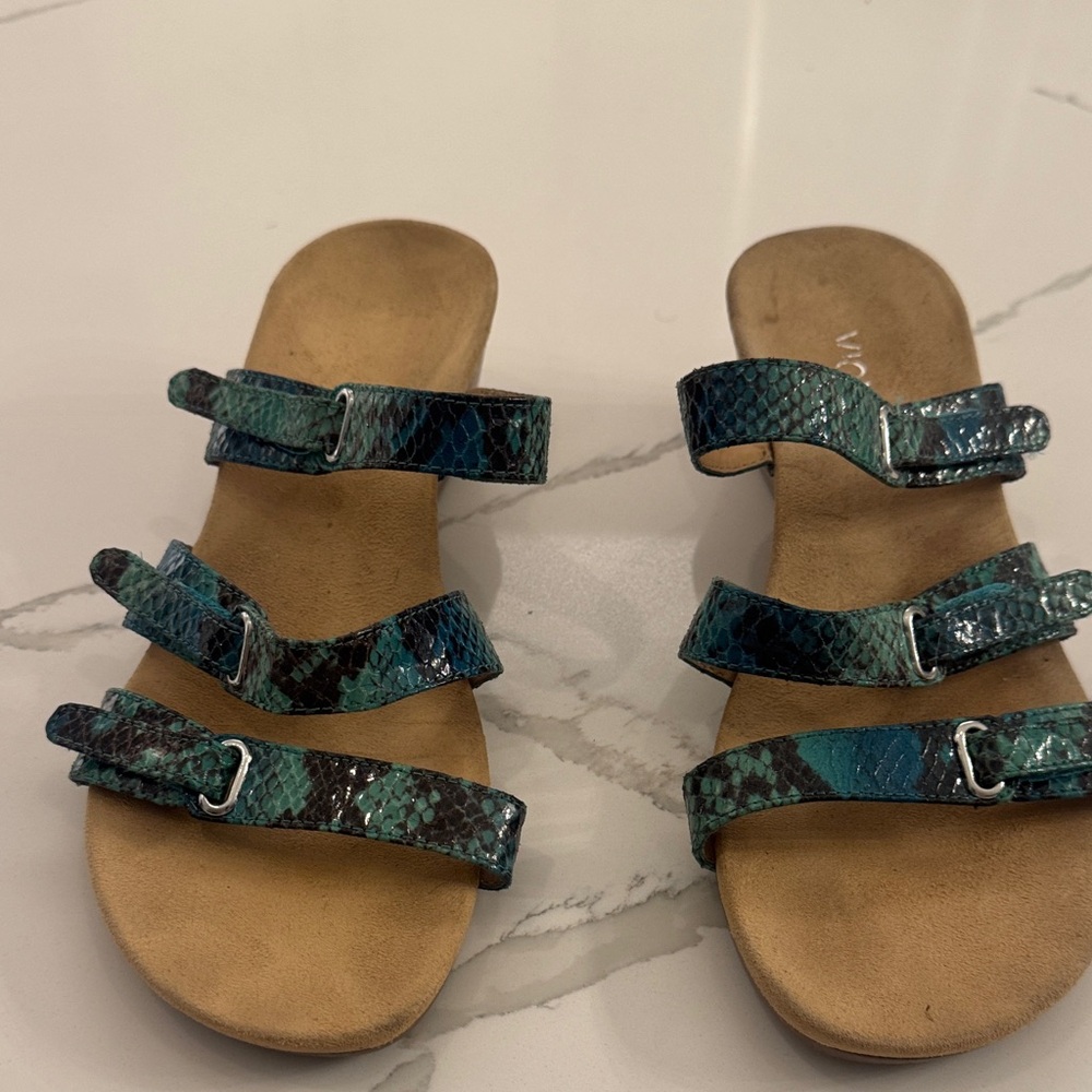Vionic Women’s Teal Snake-Print Triple Strap Slide Sandals